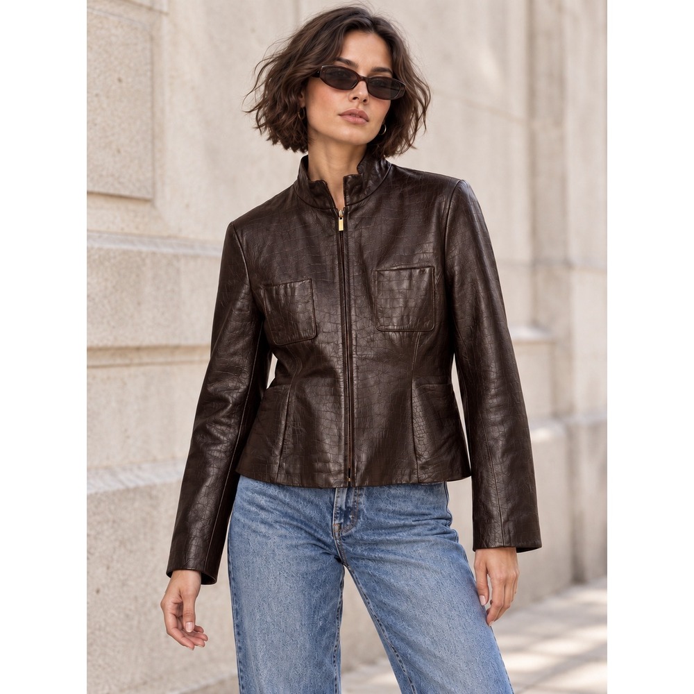 Vintage Y2K Jones New York Espresso Brown Croc Embossed Leather Jacket Med 12P
